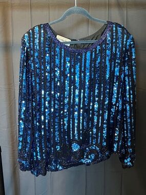 Caren Charles Charisma Blue & Black Sequin Beaded Blouse, Size XXL